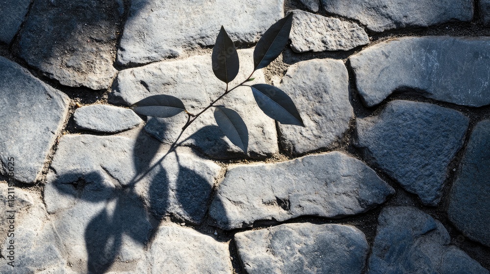 Poster leafy branch shadows cast on textured stone sidewalk creating a serene natural atmosphere and artist