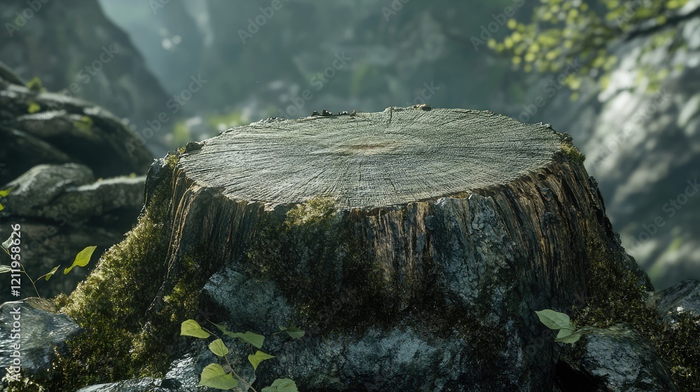 Poster tree stump with detailed bark texture and surrounding foliage in a serene forest setting illuminated