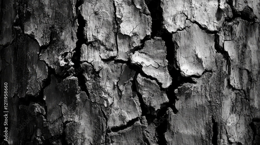 Fototapete close-up of an old tree trunk displaying intricate cracked bark texture in monochrome for natural an