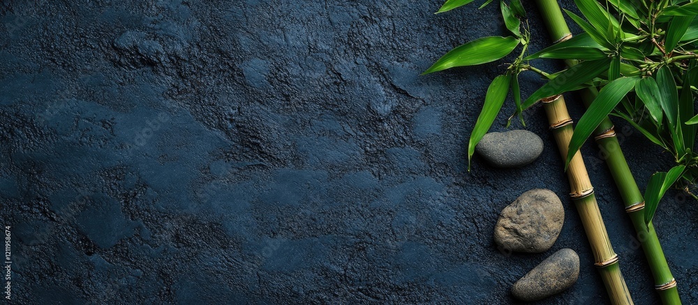 Poster Top View of Green Bamboo and Bramble Leaves on Dark Blue Sand with Smooth Stones and Empty Space for Text in a Calm Natural Setting