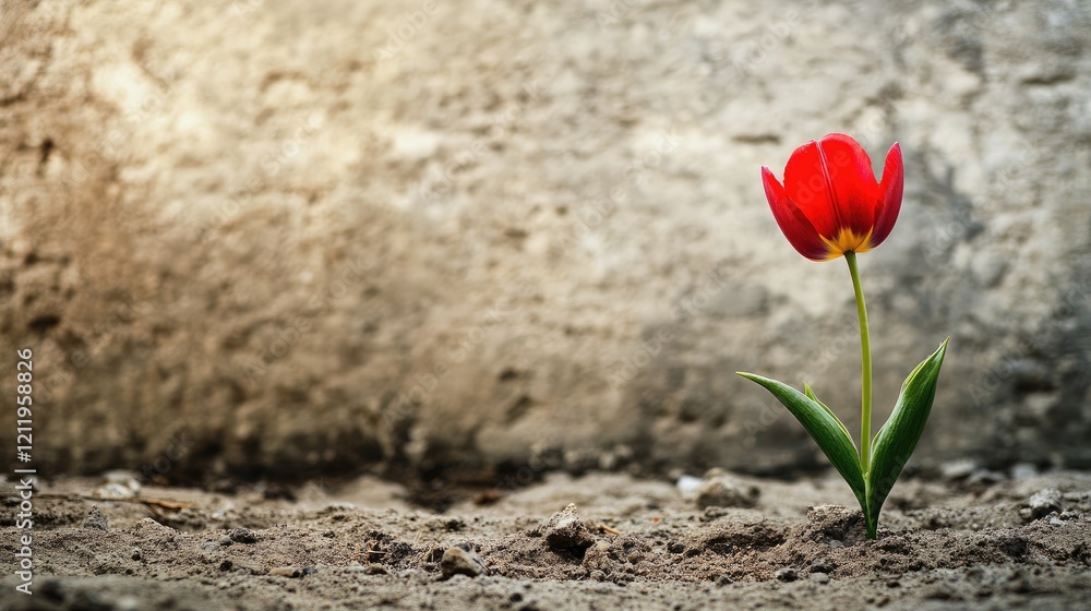 Poster vibrant red tulip blooming in garden soil against a softly blurred textured wall with ample copy spa