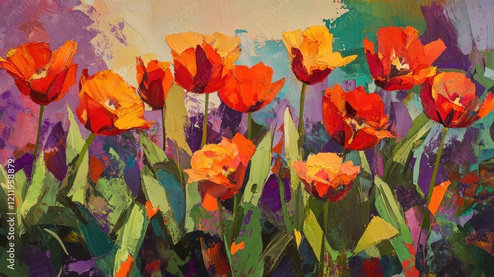Poster vibrant tulip garden with striking colors and abstract background in spring landscape