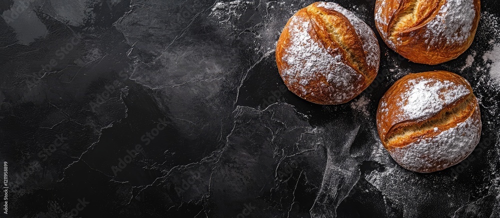 Poster Freshly Baked Chocolate Brioches Dusting with Powdered Sugar on Dark Slate Background with Negative Space for Culinary Text and Copy