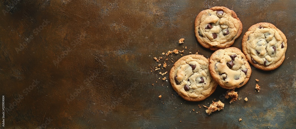 Poster top view of a rustic brown table featuring freshly baked chocolate chip cookies, one half-eaten cook