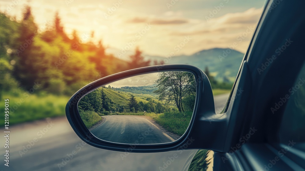 Poster scenic reflection of green hills in car side mirror with sunset glow and copy space for travel and n