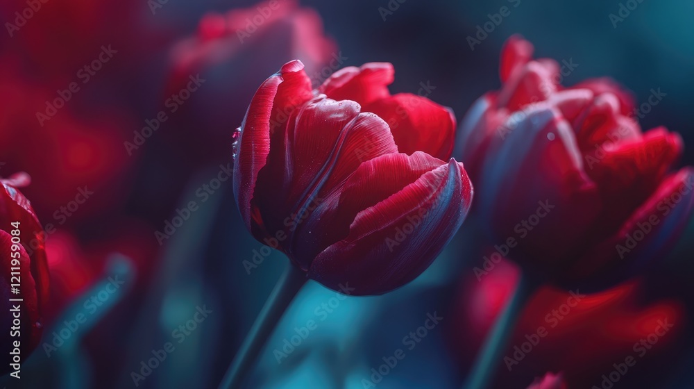 Poster red velvet tulip blossoms in a vibrant outdoor field with shallow depth of field showcasing their de
