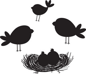Nest with mother and little chicks Silhouette Vector Illustration White Background