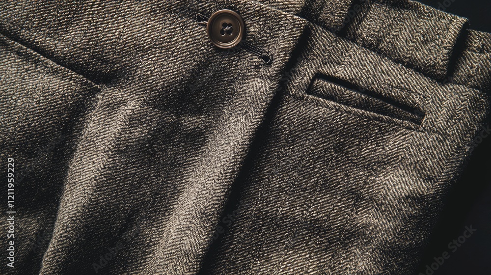 Poster Textured wool trousers with button detail and pocket close-up on a dark background showcasing fabric and tailoring quality.