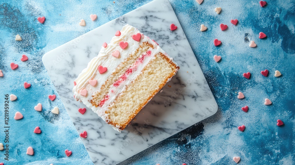 Poster top view of a slice of vanilla cake with white icing and colorful heart sprinkles on a blue textured