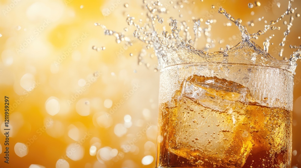 Aufkleber vibrant splash of a creatively styled drink with ice cubes in a clear glass against a golden bokeh b