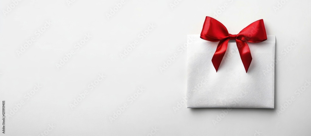 Poster elegant top view of an open white gift pocket with a red ribbon on a clean white background ideal fo
