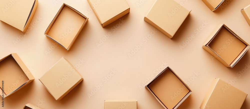 Poster Arrangement of empty kraft bakery boxes in various sizes on a soft beige background with ample negative space for text and branding.