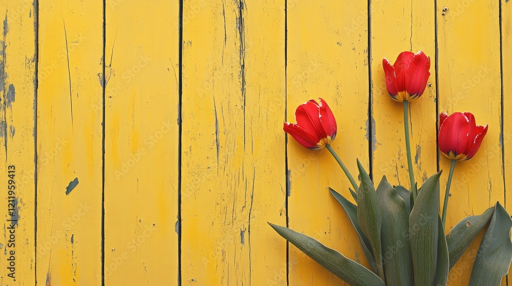 Poster red tulips on a vibrant yellow wooden background creating a cheerful and inviting floral composition