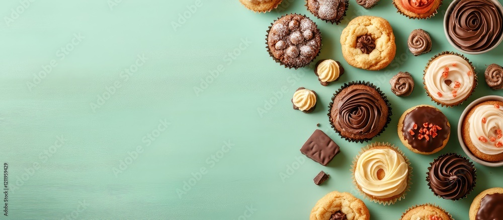 Poster assorted confectionery selection featuring cookies, muffins, and tartlets with sweet chocolate icing