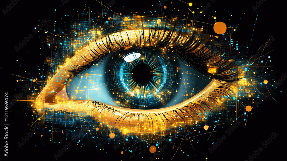 Aufkleber illuminated eye surrounded by golden digital particles and abstract glowing network
