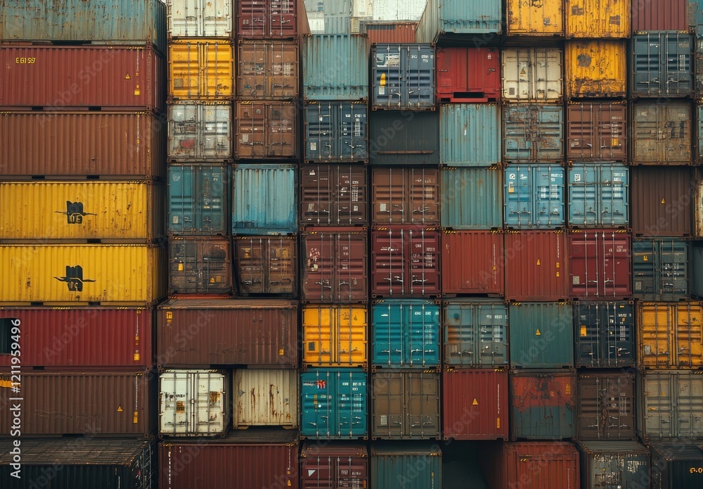 Poster aerial view of colorful shipping containers stacked neatly at a cargo terminal, showcasing industria