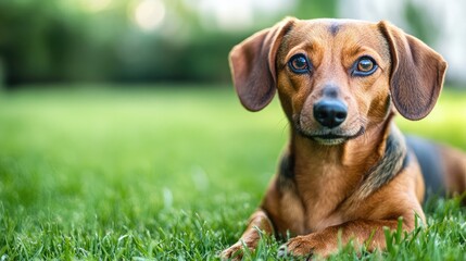 Mixed breed dachshund resting on green grass with soft background ideal for pet and animal themed designs and advertisements