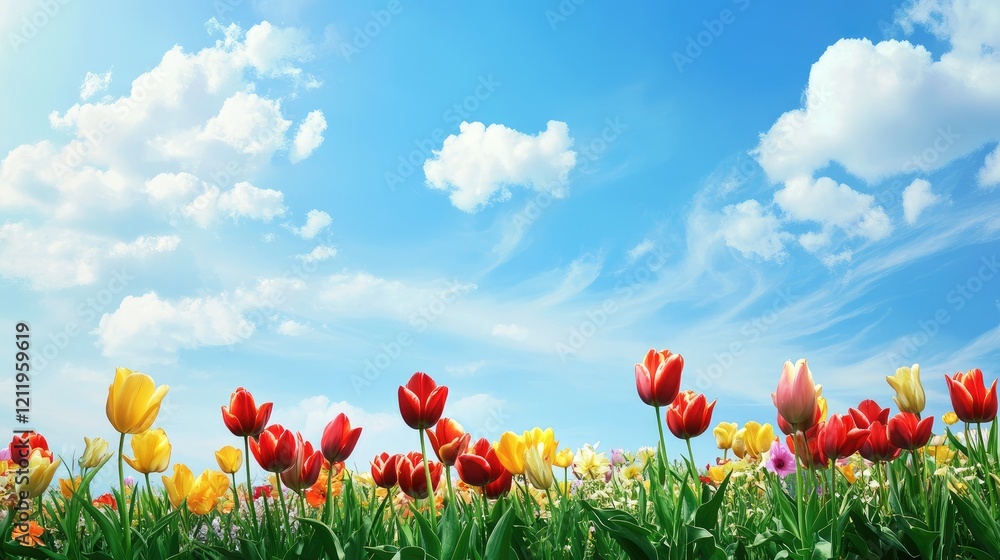 Poster vibrant tulip field in full bloom beneath a bright blue sky with fluffy clouds in a scenic horizonta