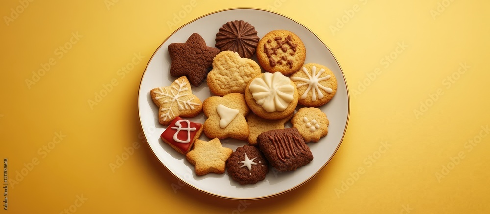 Poster top view of a white plate filled with assorted decorated christmas cookies on a vibrant yellow backg