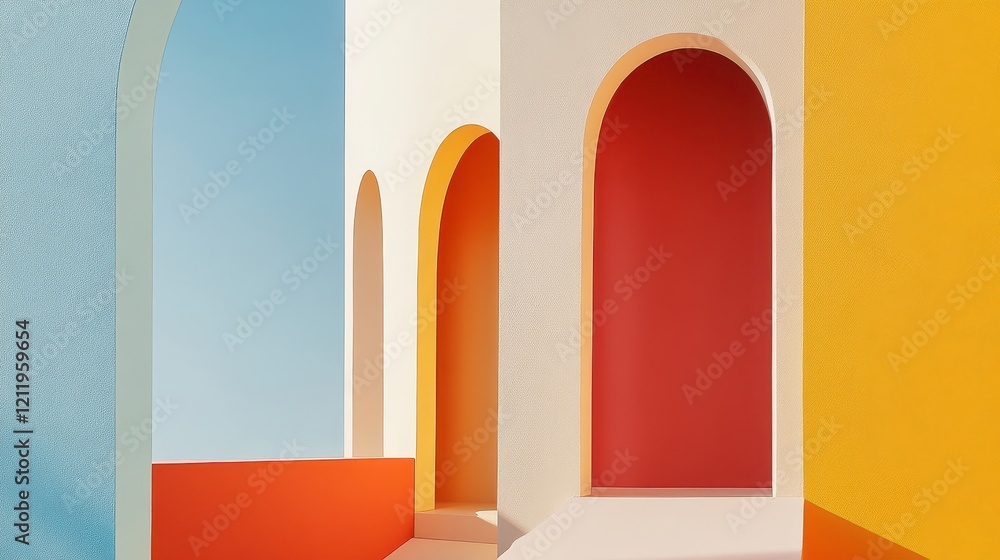 Poster dynamic and vibrant three-dimensional architectural composition with colorful arches and modern aest