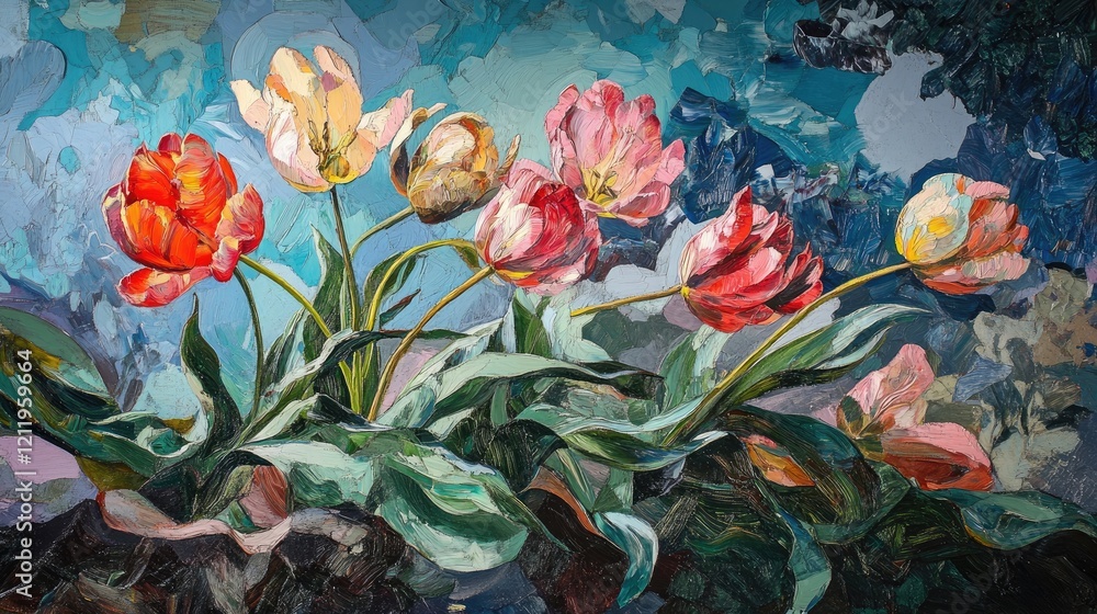 Aufkleber vibrant tulips in full bloom captured in an expressive art style against a colorful abstract backgro