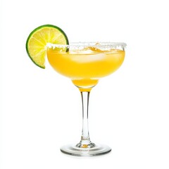 A vibrant and tangy Margarita cocktail with a salted rim, garnished with a lime wedge and served in a chilled glass, against an isolated white background