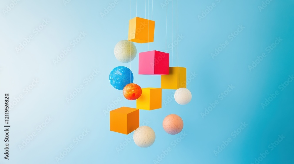 Poster colorful three-dimensional orbs and cubes floating in a bright blue background for creative and arti
