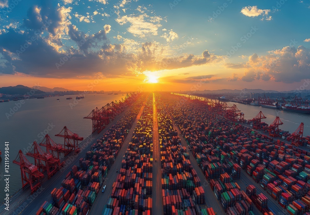 Poster aerial view of container port at sunset with rows of colorful shipping containers and cranes under d