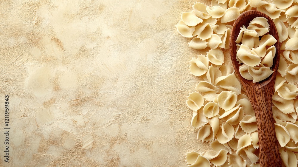 Poster trotolle pasta on a wooden spoon with surrounding pasta creating an abstract background and ample co