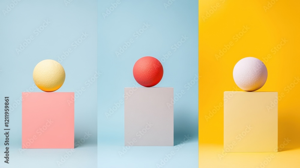 Poster abstract composition of three dimensional vibrant orbs balanced on colorful cubes against soft backg