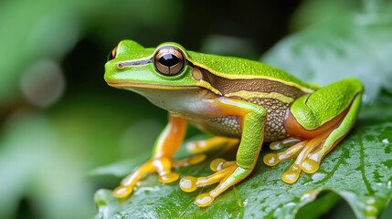 Obraz premium Striped tree frog perched on a leaf showcasing vibrant colors and intricate patterns in a lush green environment.