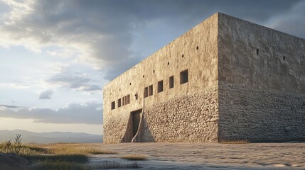 Medieval salt storage building in historic town with dramatic sky and rugged landscape showcasing ancient architecture and heritage.