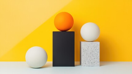 Vivid Three-Dimensional Orbs and Geometric Cubes Against Bright Yellow Background