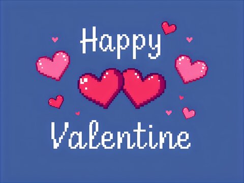Pixelated Happy Valentine card with pink and red hearts on a blue background - Powered by Adobe