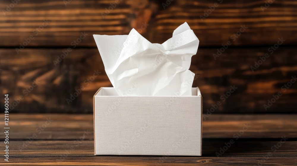 Poster tissue box with crumpled tissues exposed on rustic wooden background showcasing simplicity and funct