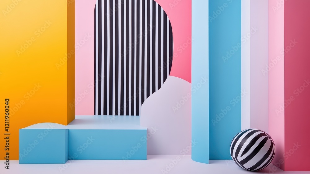 Aufkleber playful and dynamic three-dimensional composition with colorful geometric shapes and stripes