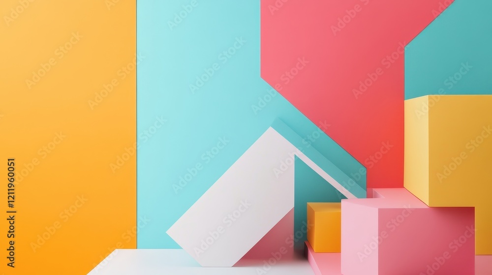 Poster playful and dynamic geometric shapes in a vibrant three-dimensional setup against a colorful backgro
