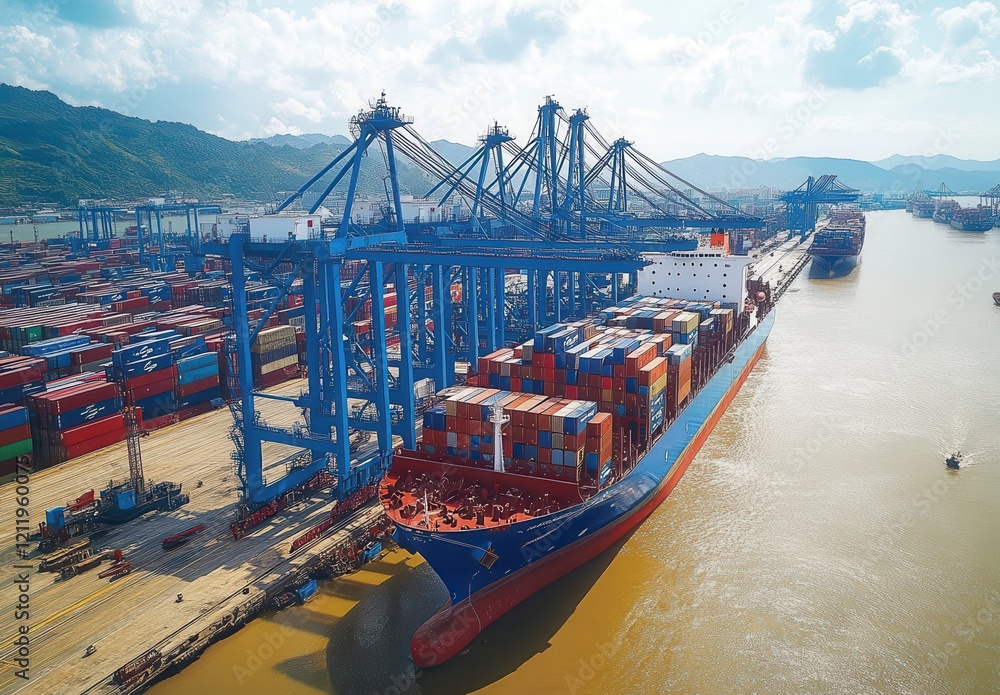 Poster aerial view of container ship docking at busy port with cranes and shipping containers under clear b