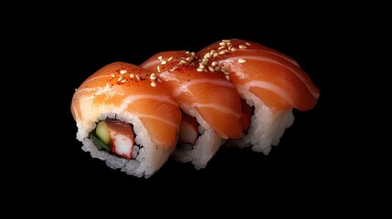 Delicious sushi rolls elegantly presented on a sleek black background highlighting vibrant colors and textures of fresh ingredients