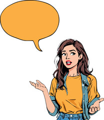 Surprised young woman with empty speech bubble is making a statement