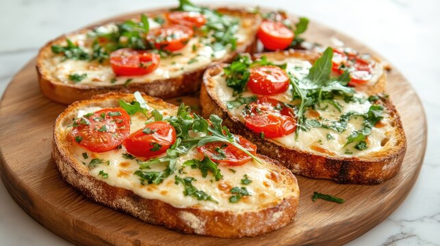Toasted cheese and prosciutto bread with arugula cherry tomatoes and parsley on wooden platter for delicious gourmet presentation - Powered by Adobe