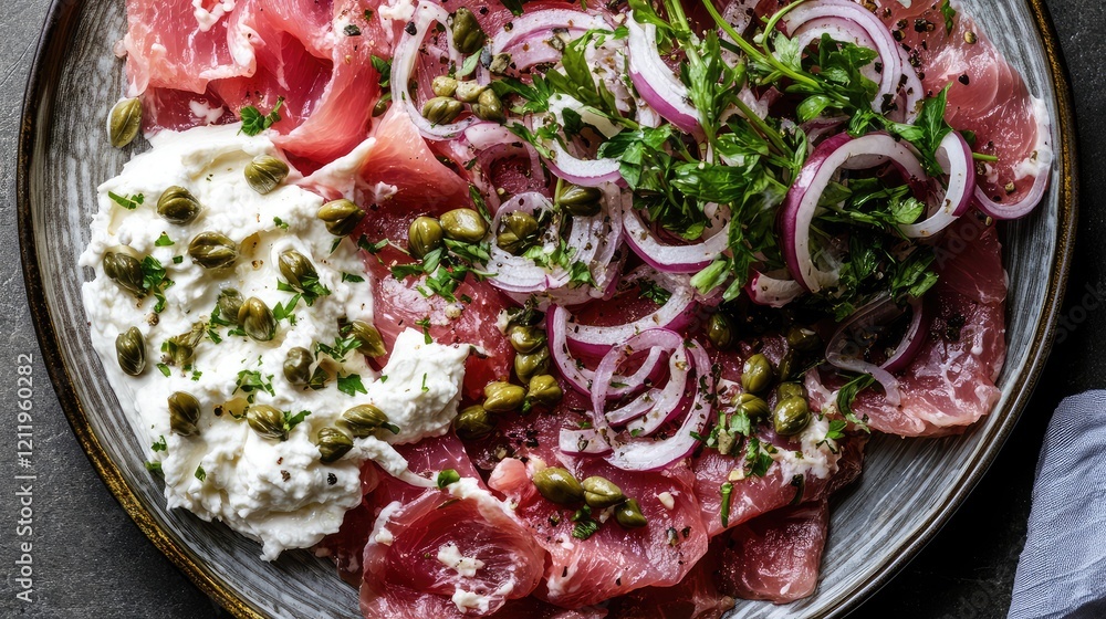 Aufkleber smoked trout platter viewed from above featuring capers, red onions, cream cheese and fresh herbs on