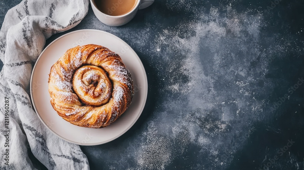 Poster Freshly Baked Cinnamon Roll on Cream Plate with Coffee Mug on Dark Textured Table Setting  Delicious Breakfast Option with Space for Text