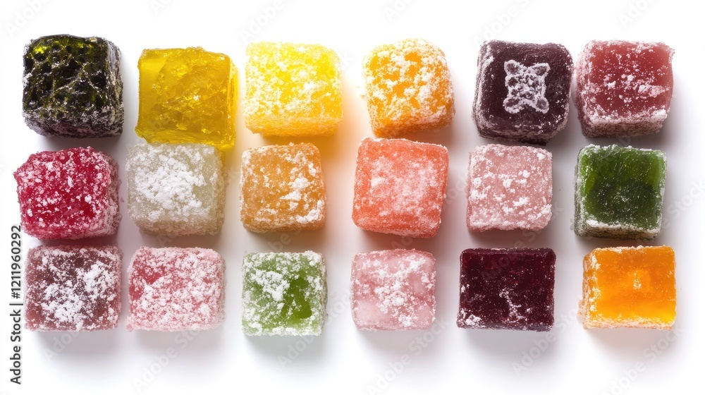 Aufkleber Colorful assortment of Turkish delights displayed in a grid pattern on a white background showcasing traditional sweets and confectionery.