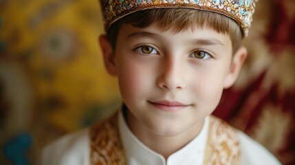 Cultural portrait of young boy in traditional ethnic attire highlighting wedding significance and national identity in vibrant setting
