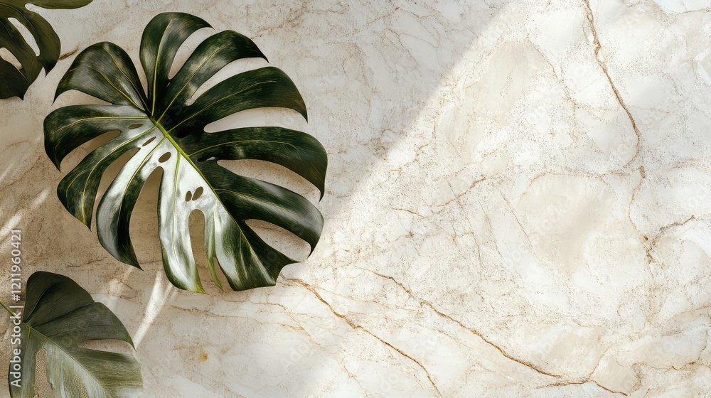 Poster top view of glossy green monstera leaf on polished cream marble surface with soft shadows and natura