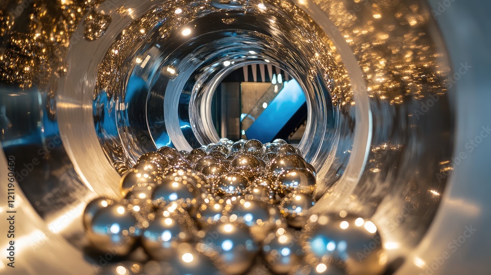 Poster Tunnel of Reflective Metallic Balls with a Blue Scoop Showcasing Depth and Texture in Modern Display Environment
