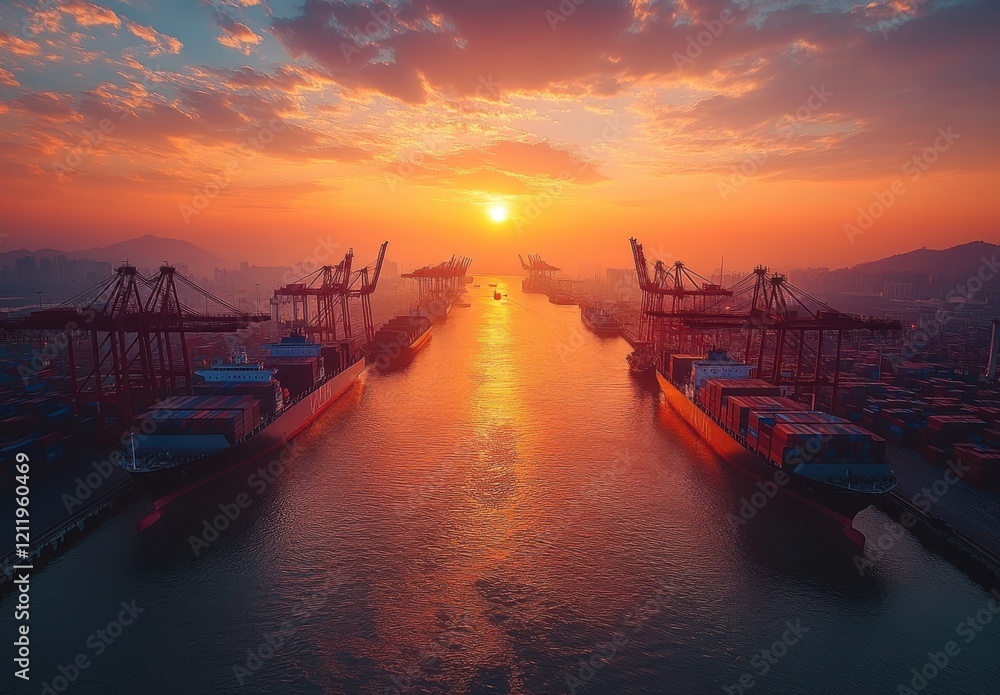 Poster aerial view of container ships docked in port during vibrant sunset with colorful sky and reflection