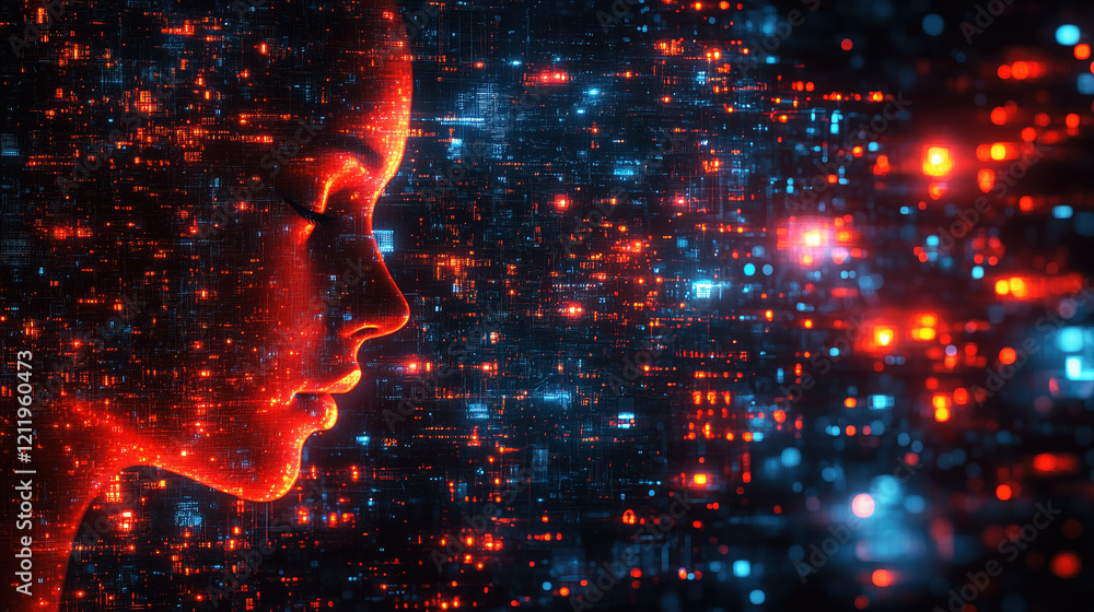 Aufkleber profile of a woman’s face illuminated by red and blue digital light patterns representing artificial