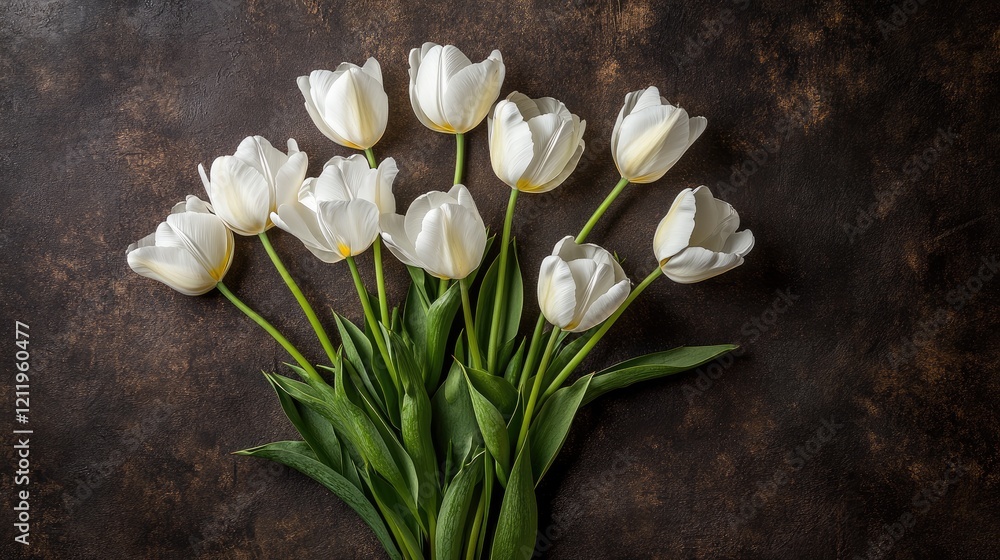 Poster Elegant white tulips arranged from above on a dark textured background creating a stunning floral composition for design projects.